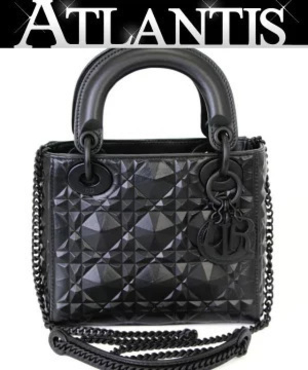 Christian Dior Lady Handbag Diamond Cannage Leather Black